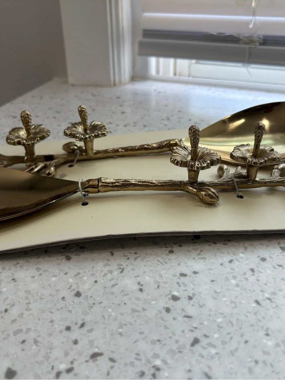 NEW AND UNIQUE Handcrafted India Gold Floral Salad Servers - Set of 2